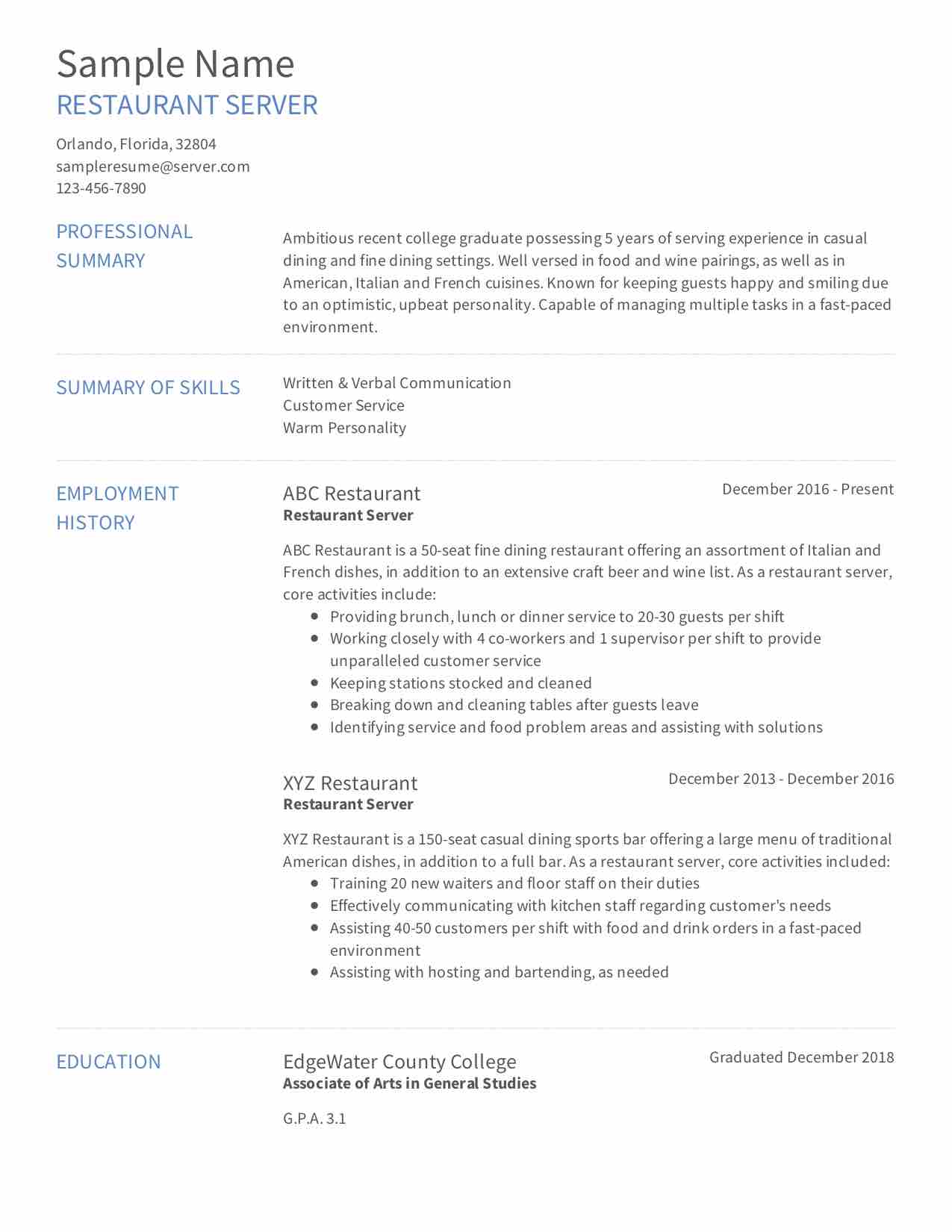 resume examples for server jobs